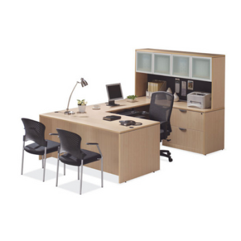 Tan U-Shaped desk with hutch with office supplies